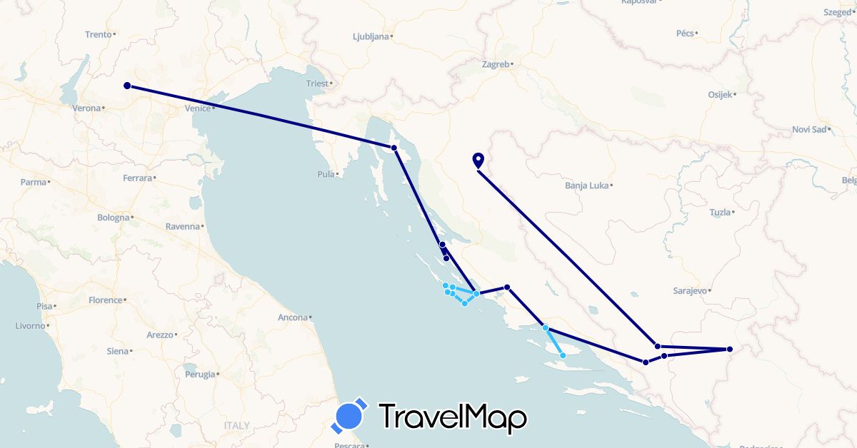 TravelMap itinerary: driving, boat in Bosnia and Herzegovina, Croatia, Italy (Europe)