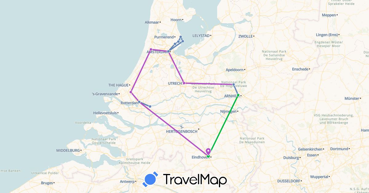 TravelMap itinerary: driving, bus, cycling, train in Netherlands (Europe)