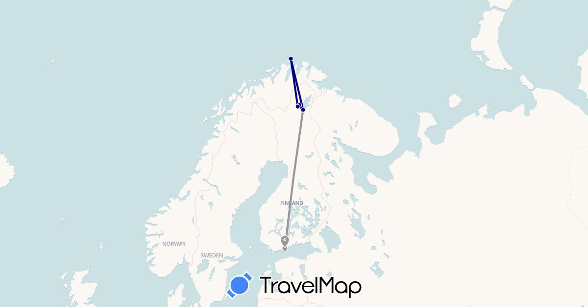 TravelMap itinerary: driving, plane in Finland, Norway (Europe)