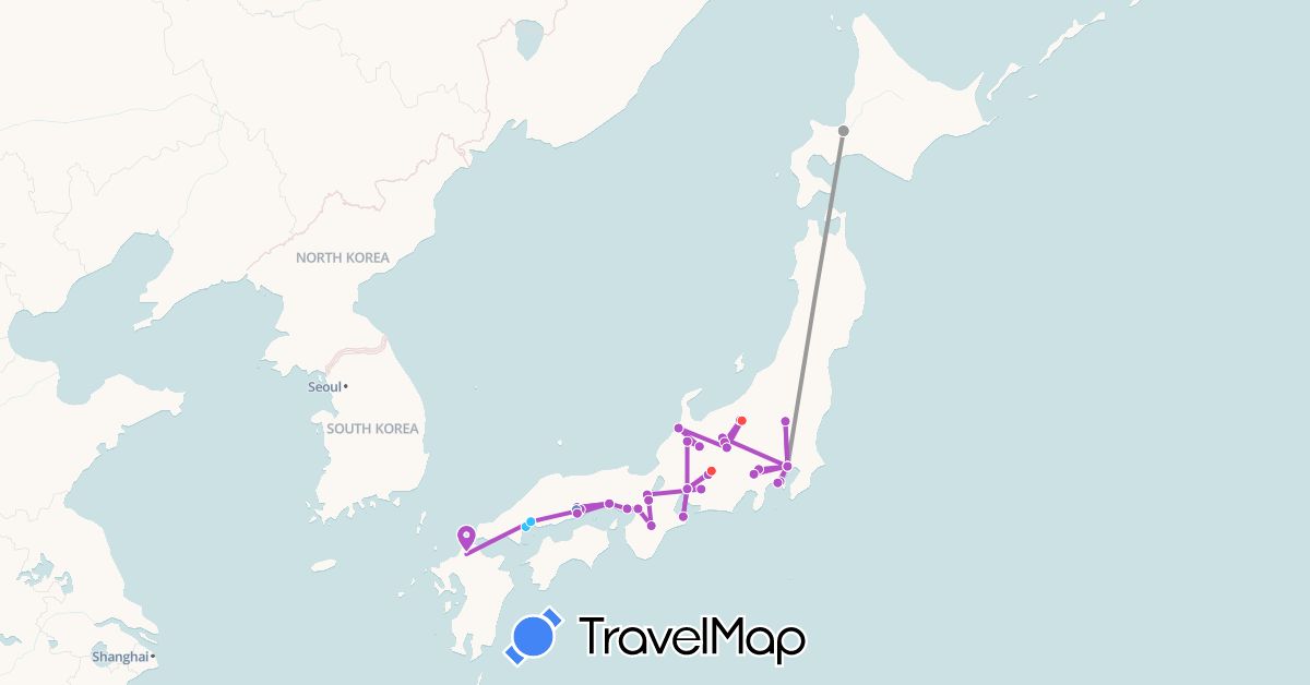 TravelMap itinerary: plane, cycling, train, hiking, boat in Japan (Asia)